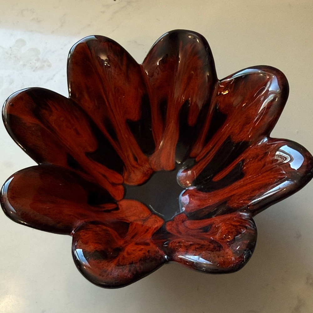 Vintage Evangeline pottery Red flame bowl 6.5” scalloped MCM Canada